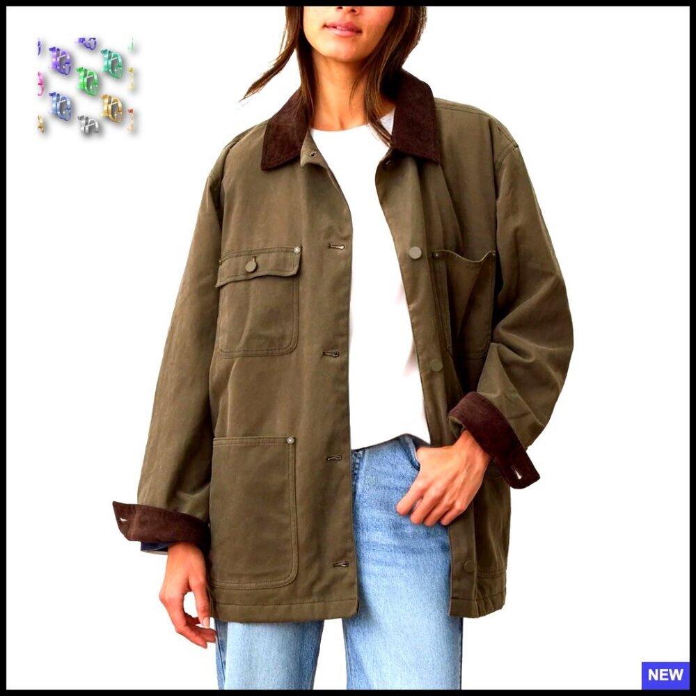 Oversized Corduroy Collar Barn Jacket Vintage Workwear Utility Coat with Pockets - Picture 1 of 7